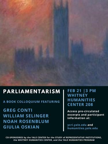 image is a poster with an impressionistic depiction of the Houses of Parliament; text below lists speakers, date, time and location for Parliamentarism book colloquium